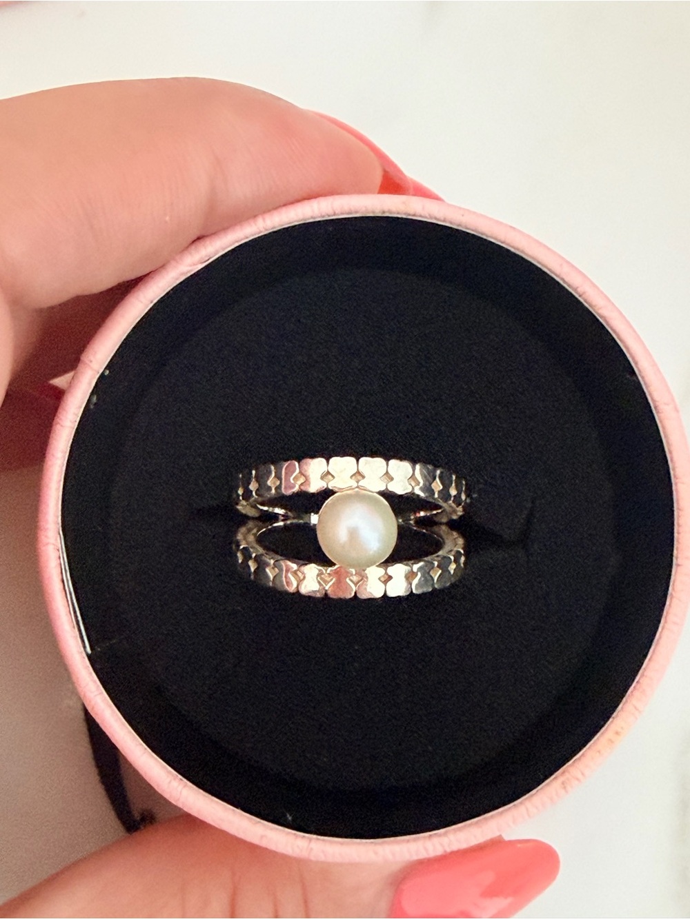 Tous Silver Ring with White Pearl Accent